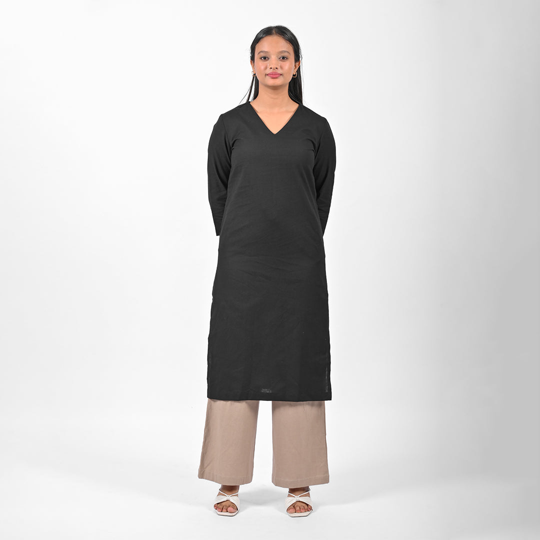 Raw's V-Neck Long Kurta (BLACK)