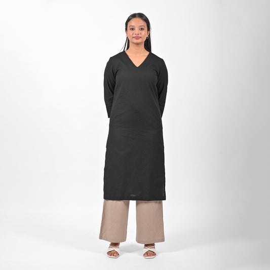 Raw's V-Neck Long Kurta (BLACK)
