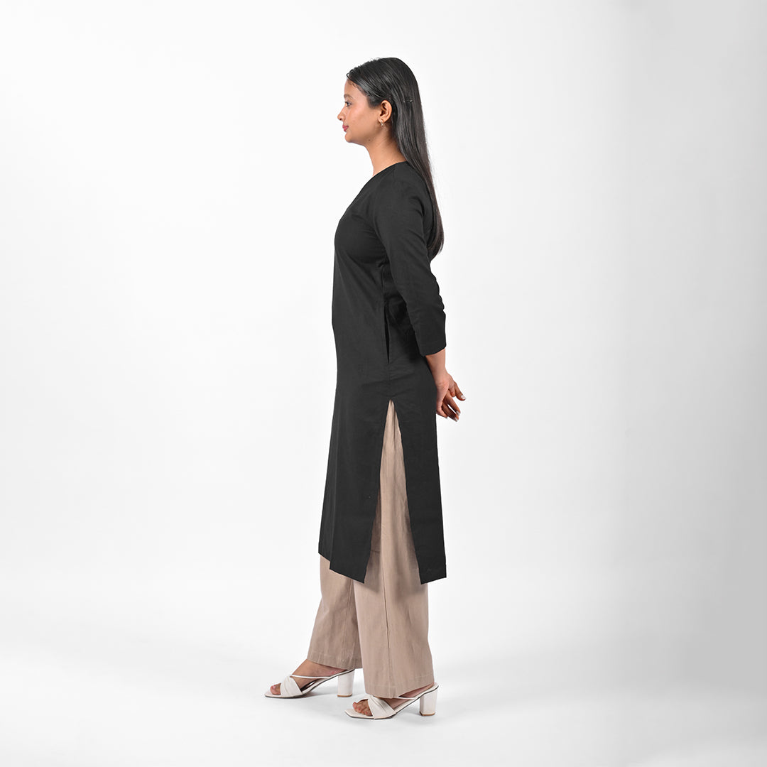 Raw's V-Neck Long Kurta (BLACK)