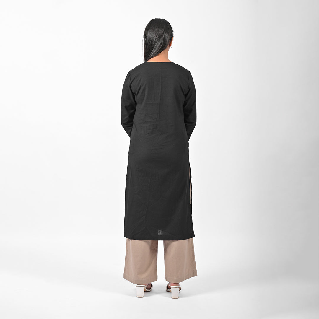 Raw's V-Neck Long Kurta (BLACK)