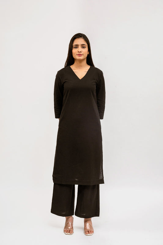 Raw's V-Neck Long Kurta (BLACK)