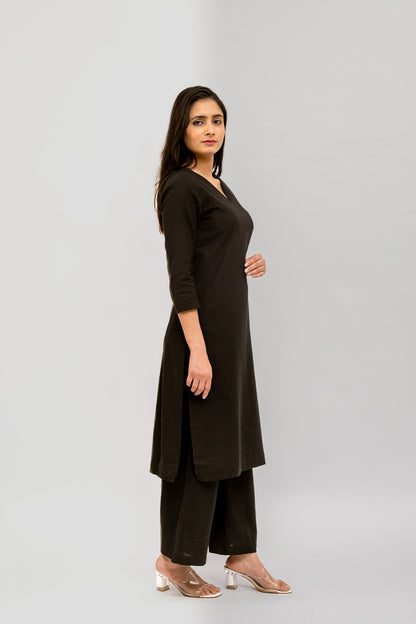 Raw's V-Neck Long Kurta (BLACK)