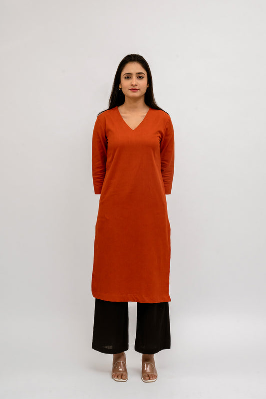 Raw's V-Neck Long Kurta (CINNAMON)
