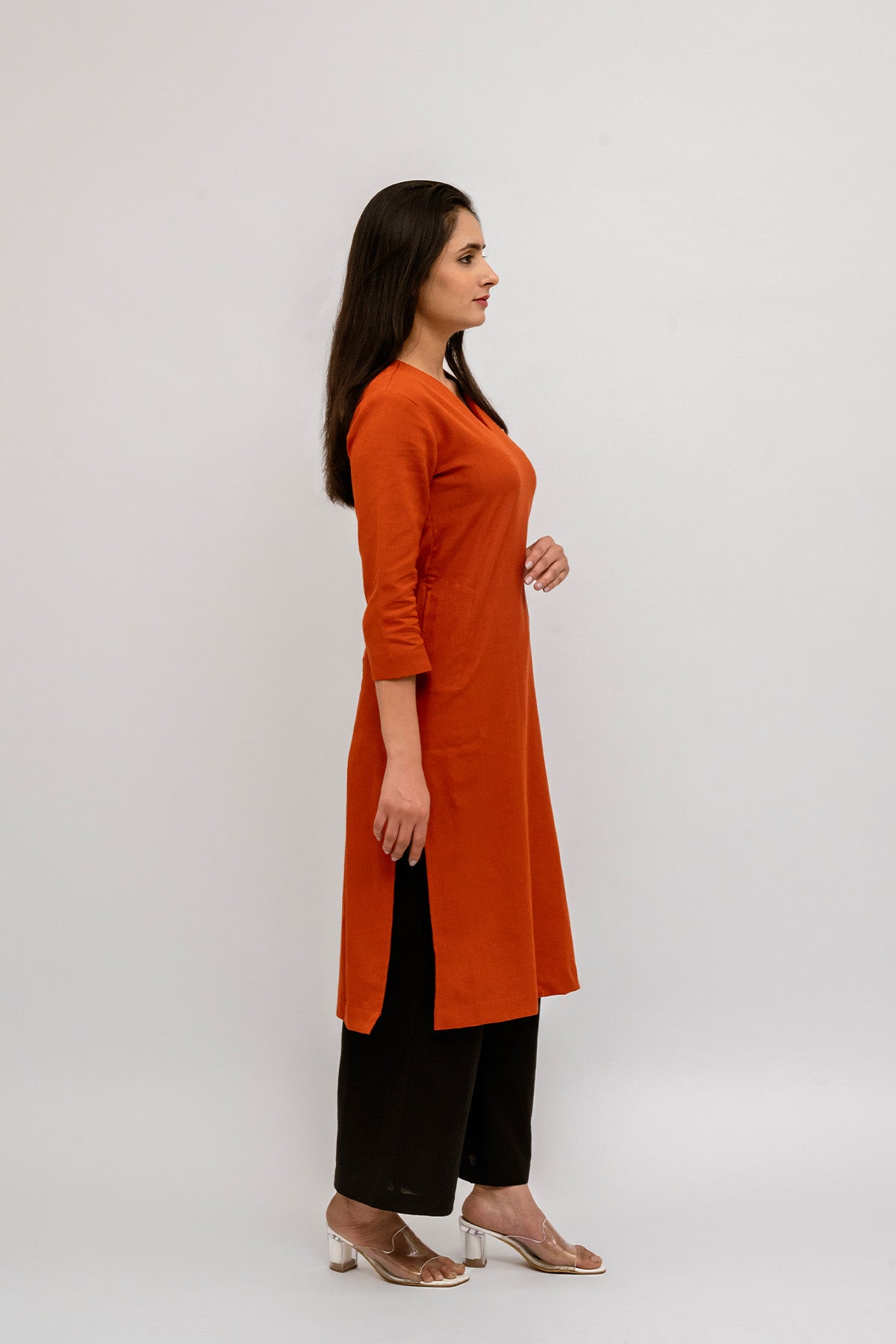 Raw's V-Neck Long Kurta (CINNAMON)