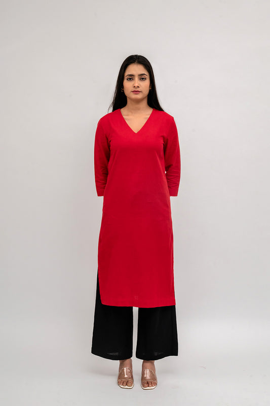 Raw's V-Neck Long Kurta (RED)