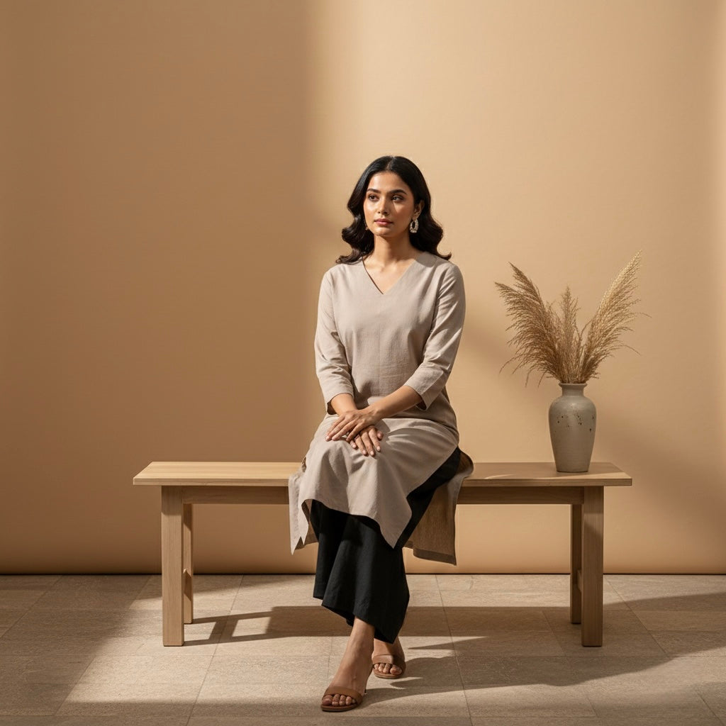 Raw’s V-Neck Long Kurta (GREY)