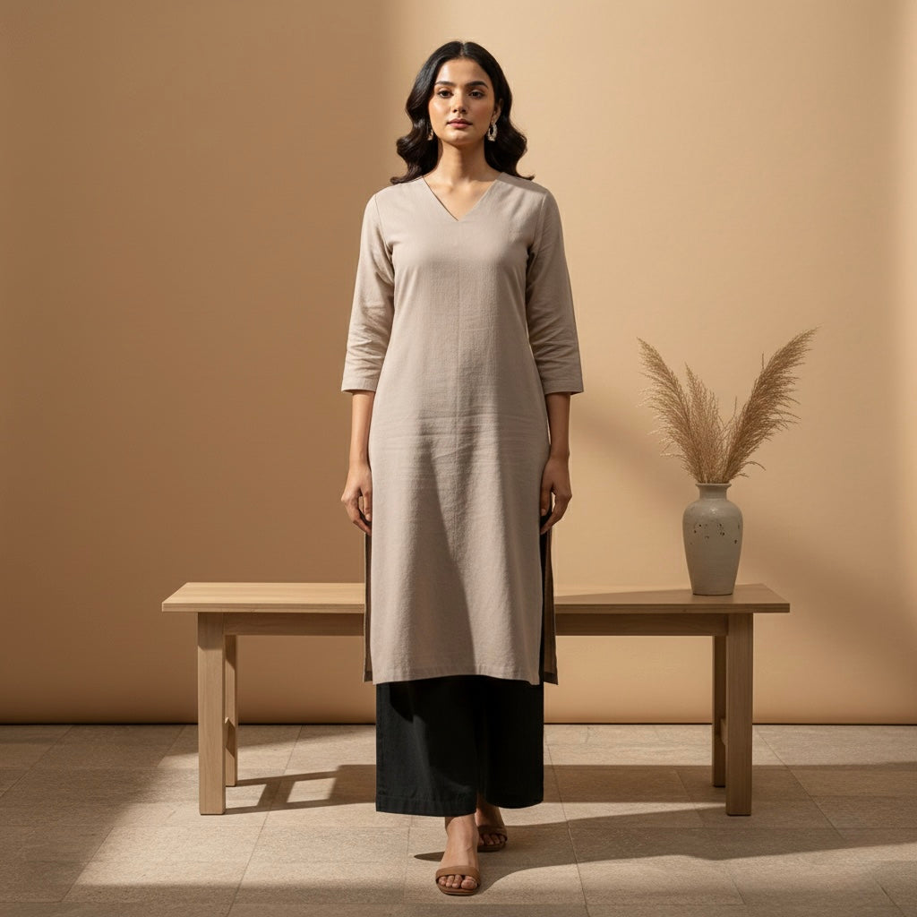 Raw’s V-Neck Long Kurta (GREY)