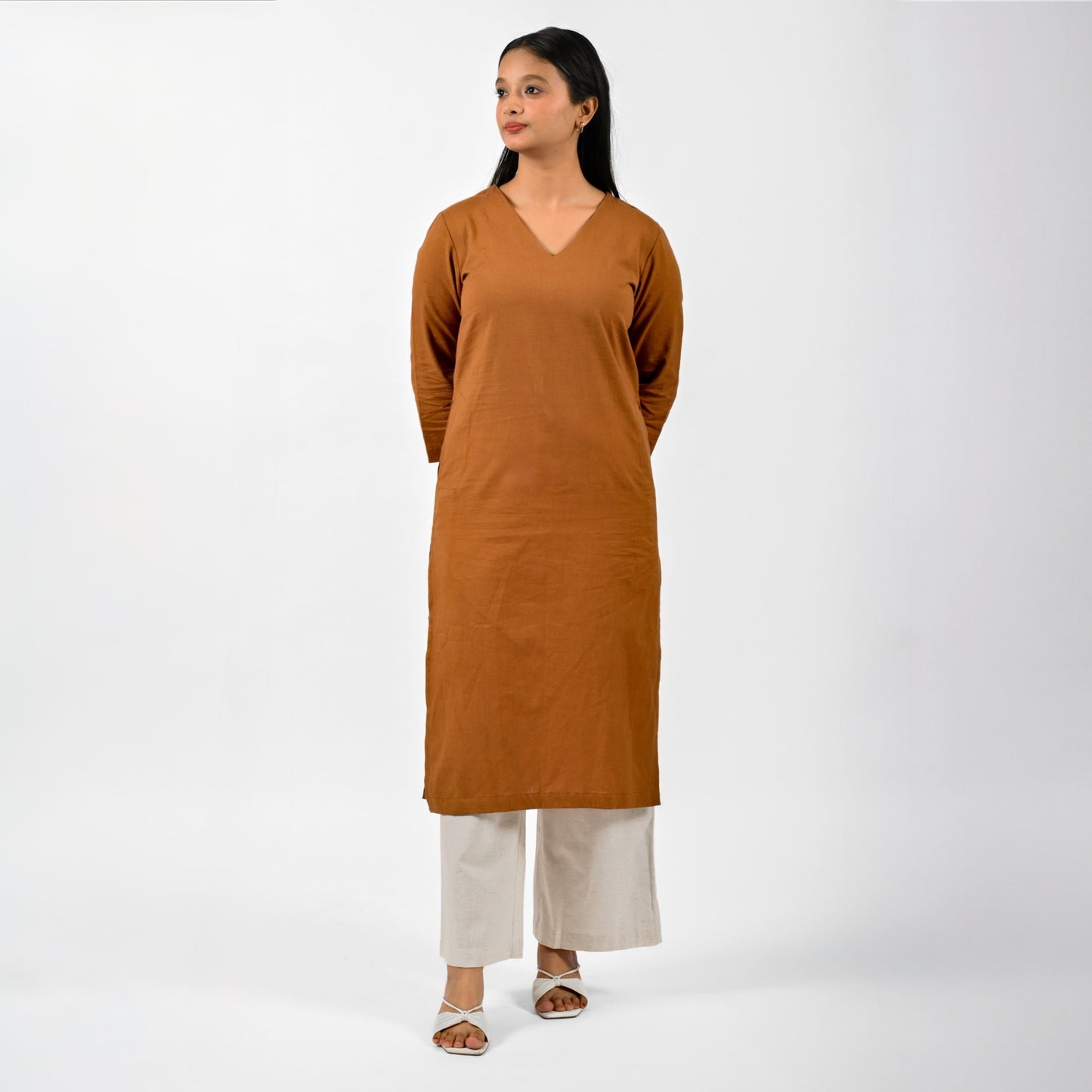 Raw's V-Neck Long Kurta (BROWN)