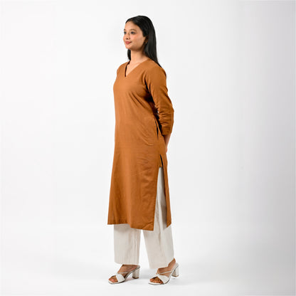 Raw's V-Neck Long Kurta (BROWN)