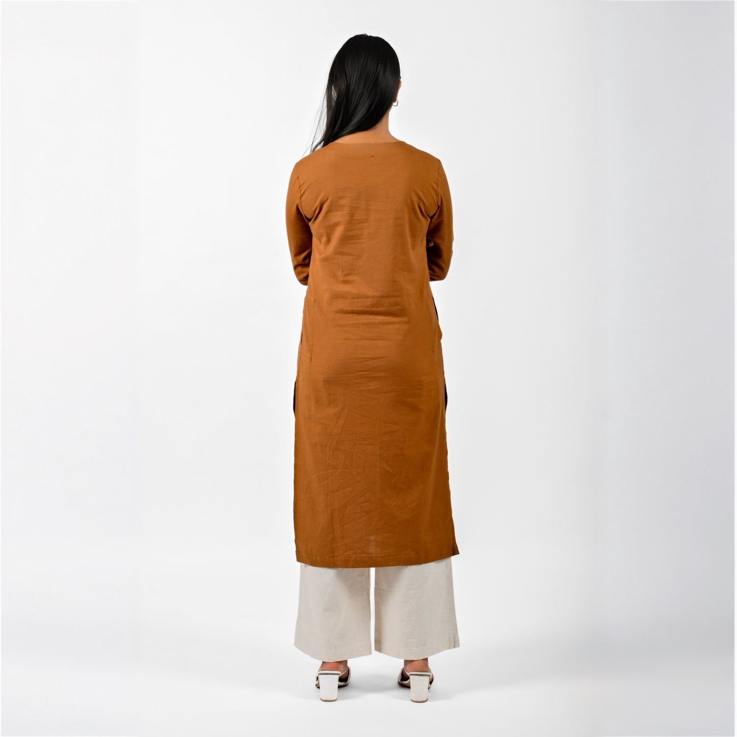 Raw's V-Neck Long Kurta (BROWN)