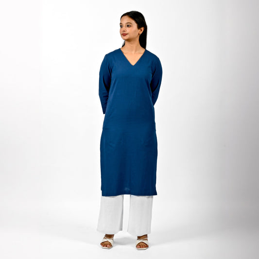 Raw's V-Neck Long Kurta (DENIM BLUE)